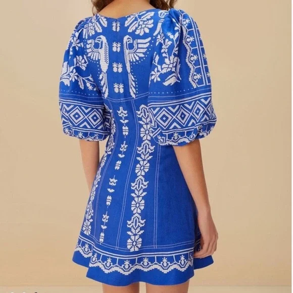 FARM Rio Tropical Printed Blue Euroflax Premium Linen Mini Dress Size Medium NWT - Picture 11 of 13